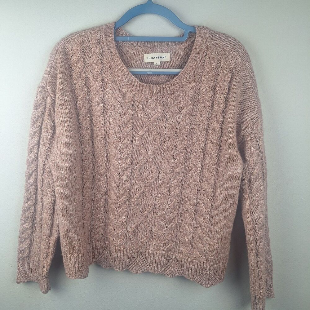 Lucky Brand Womens Sweater Pullover Cable Knit Crew Neck Blush Sparkle Large